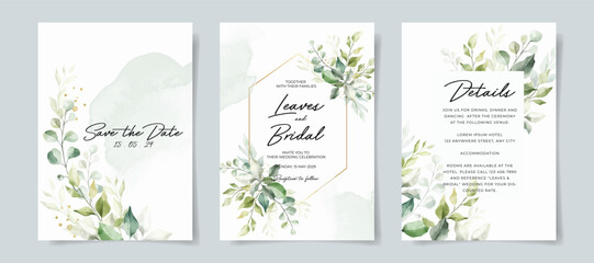 Greenery watercolor wedding invitation card template. Leaves decoration wedding card.