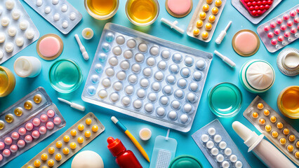 A detailed depicting various forms of contraceptives like pills, condoms