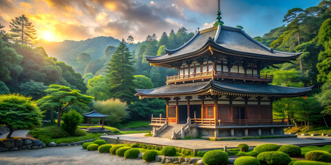Fototapeta premium Traditional Japanese temple surrounded by lush green trees in the early morning light , Japan, Buddhist, architecture