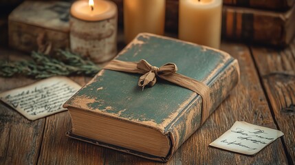 An old, leather-bound book with a ribbon tied around it, lit by candlelight on a wooden table.
