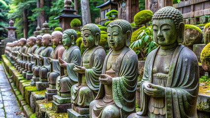 Naklejka premium Buddhist stone statues at Otagi Nenbutsu ji temple in Kyoto, Japan, Buddhism, stone statues, religious, art