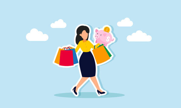 A happy businesswoman carrying a shopping bag and a piggy bank walking casually, an illustration of a hedonistic lifestyle or spending investment assets for personal needs.