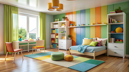 Modern children's room with sleek furniture and vibrant decor , modern, children, room, sleek, furniture, vibrant