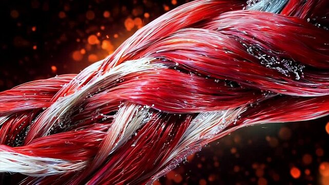 Extreme close up tracking across muscle fibers weaving into a string of muscle tissue.