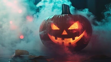 Naklejka premium A chilling Halloween concept featuring a carved pumpkin with a scary luminous face, surrounded by eerie smoke and vibrant neon light. This striking image captures the essence of Halloween night, 