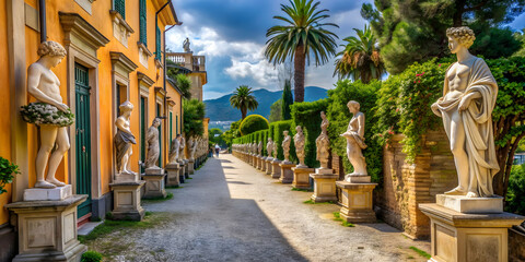 Fototapeta premium Alley lined with antique statues in Villa Durazzo-Centurione, Santa Margherita Ligure