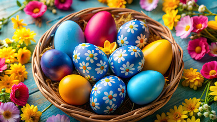 Fototapeta premium Painted eggs in blue, yellow, and pink colors adorned with flowers for Easter celebration , Easter, eggs, painted, blue