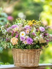 A colorful arrangement of seasonal flowers in a wicker basket brightens a natural outdoor setting with lush greenery all around. Generative AI