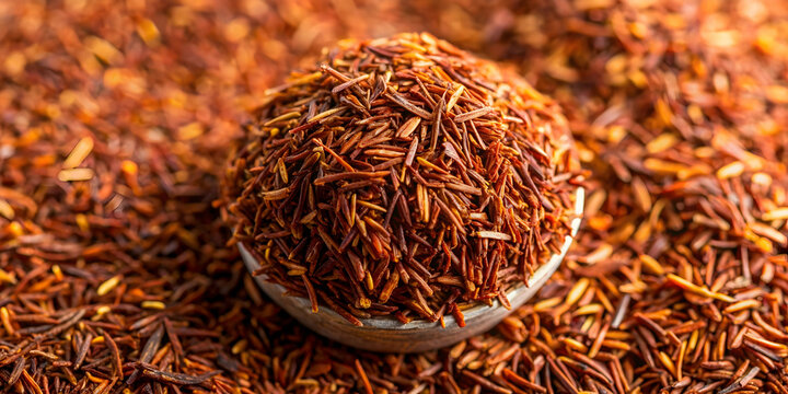 Close up of the texture of Rooibos tea, a dry redbush healthy tea, top view, rooibos, tea, texture, close up, dry, red, bush