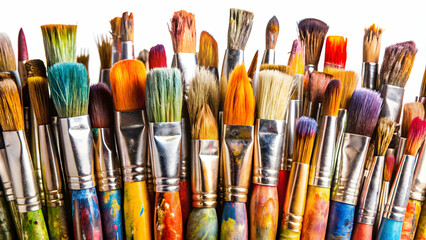 Fototapeta premium Closeup of artist paintbrushes smeared with paints isolated , art, brushes, close-up, colors, creativity, tools, supplies