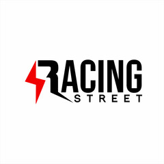 Racing Street logo text design with lightning symbol on the letter R.