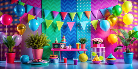 Obraz premium Vibrant 90s inspired party with bright colors and retro decorations , neon, party, 90s, retro, colorful, vibrant, celebration
