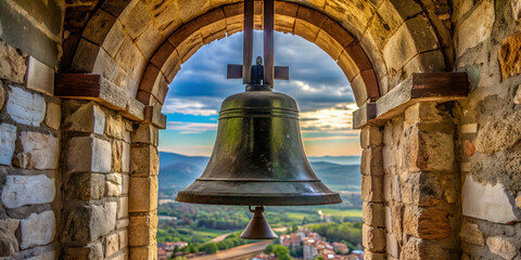 Obraz premium Old church bell hanging in historic bell tower, historic, vintage, religious, traditional, antique, architecture, church