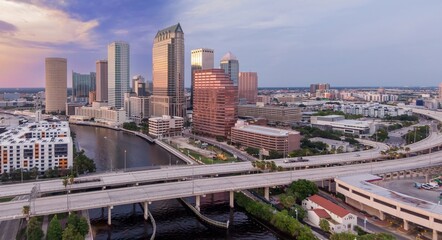 Selmon Expressway crossing the Hillsborough River and buildings in downtown Tampa, Florida, United...