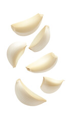 Flying garlic cloves cut out Isolated on White Background – High Resolution