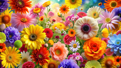 Fototapeta premium Explosion of vibrant flowers in full bloom, nature, colorful, floral, garden, vibrant, blossom, petals, botanical, springtime