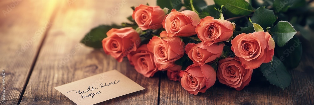 Poster delicate pink roses arranged beautifully alongside a handwritten note on a rustic wooden table illum