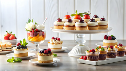 Obraz premium Close up of a mouthwatering assortment of desserts on a elegant white table, sweet, treats, cakes, pastries