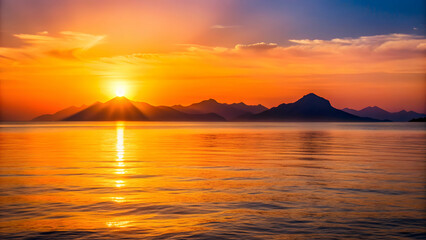 Obraz premium Sunset over the calm sea with a silhouette of mountains in the background, sunset, sea, ocean, mountains, silhouette, reflection