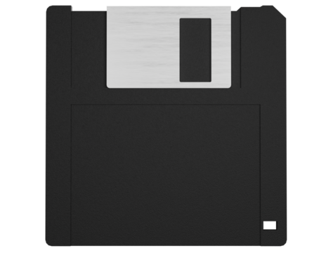 Diskette, 3D modeled floppy disk with plastic texture and aluminum cover. Transparent background