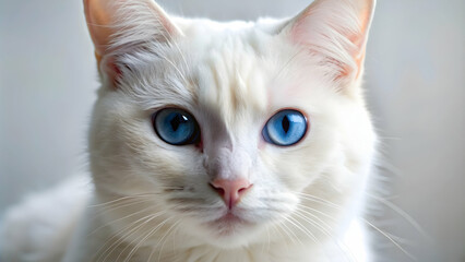 Fototapeta premium Close up of a white cat with piercing blue eyes, feline, pets, domestic, animal, fluffy, fur, whiskers, cute, adorable