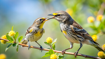 Obraz premium Female yellow-rumped warbler feeding fledgling chick on a tree branch, bird, wildlife, nature, feeding, care, mother