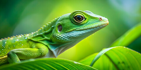 Fototapeta premium Green lizard resting on a vibrant green leaf in nature, lizard, green, leaf, nature, reptile, wildlife, camouflaged