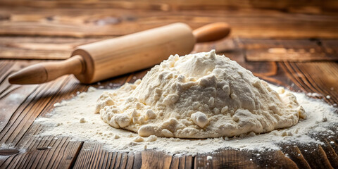 Close up of flour and dough mixture on wooden surface, baking, ingredients, cooking, homemade, preparation, kitchen, organic