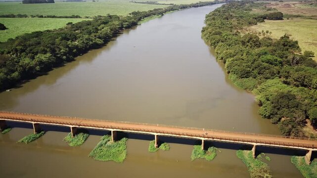 Drone Footage of Rio Pardo Bridge Between Barretos and Guaira with Riparian Forest, Sao Paulo, Brazil