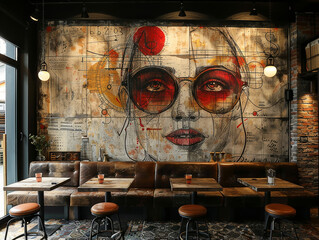 Trendy Café Interior with Large Wall Art  

