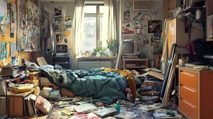 A cluttered room with scattered items and a messy bed, indicative of a crime scene requiring professional cleanup.