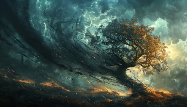  Enchanted Tree Amidst Turbulent Sky