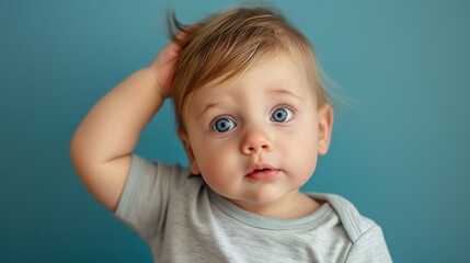 Naklejka premium Sweet Baby Portrait Against Blue Wall