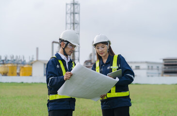 The engineering team surveyed the construction site. The engineering team worked outdoors next to the power plant.