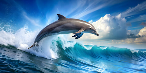 Naklejka premium Dolphin jumping gracefully out of blue ocean waves, dolphin, jumping, water, ocean, wildlife, marine life, graceful, beauty