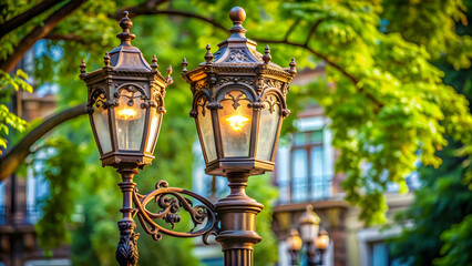 Vintage pole street light with ornate details and glass lantern, vintage, pole, street light, lamp, antique, classic