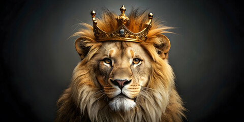 Naklejka premium Lion King in golden royal crown symbolizing power and luxury, lion, king, crown, golden, royal, power, luxury, animal