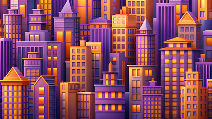 Fototapeta premium Abstract cityscape with purple buildings and orange windows, , rendering, city, purple, buildings, orange, windows