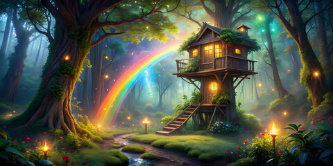 Fototapeta premium Enchanting treehouse in a magical forest with glowing lights, a rainbow