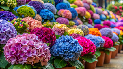 Colorful hydrangea flowers in a vibrant flowers market display, hydrangea, flowers, colorful, beauty, nature, market, vibrant