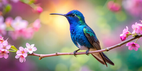 Fototapeta premium Blue hummingbird with flower petals instead of feathers perched on a tree branch, nature, bird, hummingbird, blue