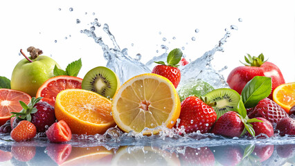 Fruit variety with water splash on white background , fresh, vibrant, juicy, colorful, splash, wet, tropical, healthy