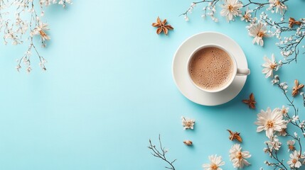 A cozy good morning wish paired with aromatic coffee and delicate flowers creates a serene start to the day against a light blue backdrop. Generative AI
