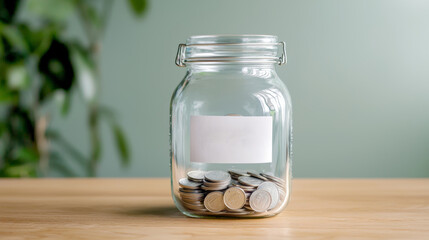 Savings Jar Filled with Coins on Wooden Table