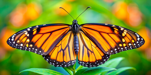 Naklejka premium Vibrant close-up photo of a monarch butterfly with intricate patterns on its wings, nature, insect, colorful, beauty, pattern