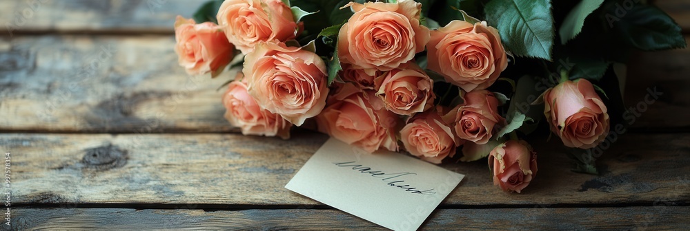 Aufkleber a lovely bouquet of roses rests on a rustic wooden table, accompanied by a small handwritten note, a