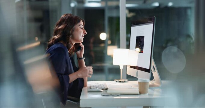 Computer, night and woman with phone call, screen and communication for journalist in office and overtime. Dark, display and employee with information, bokeh and contact for story, reporter and talk