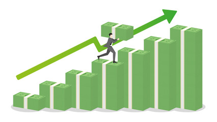 A businessman holds banknotes, runs on stack of money bar chart with green graph up. Extend investment in Bull Economy, economic success, financial management, capital market performance, and profit