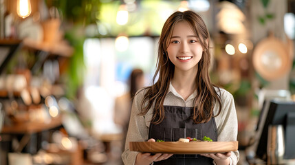 おしゃれなコーヒーショップで注文品を運ぶ若いアジア人女性店員