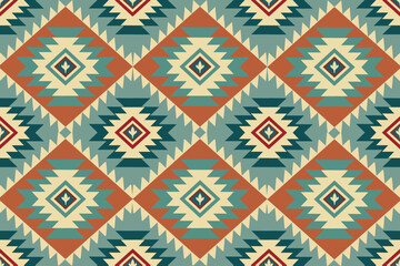 Dark green, orange, red, and yellow geometric patterns that are traditional, ethnic, Navajo, or Native American Indian. designs for clothing, curtains, carpets, sarongs, Hmong, and fabric edges.